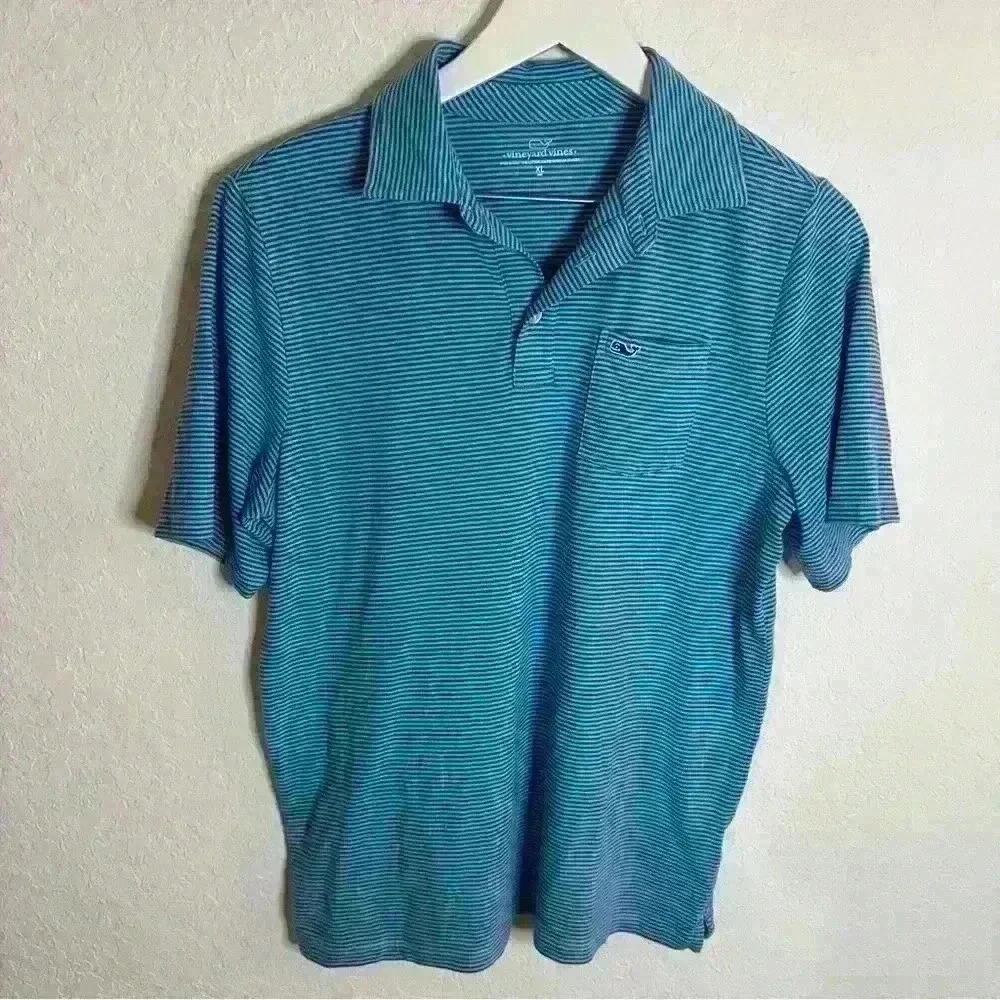 Vineyard Vines 🐳 Blue Striped Stretch Performance Golf Polo XL